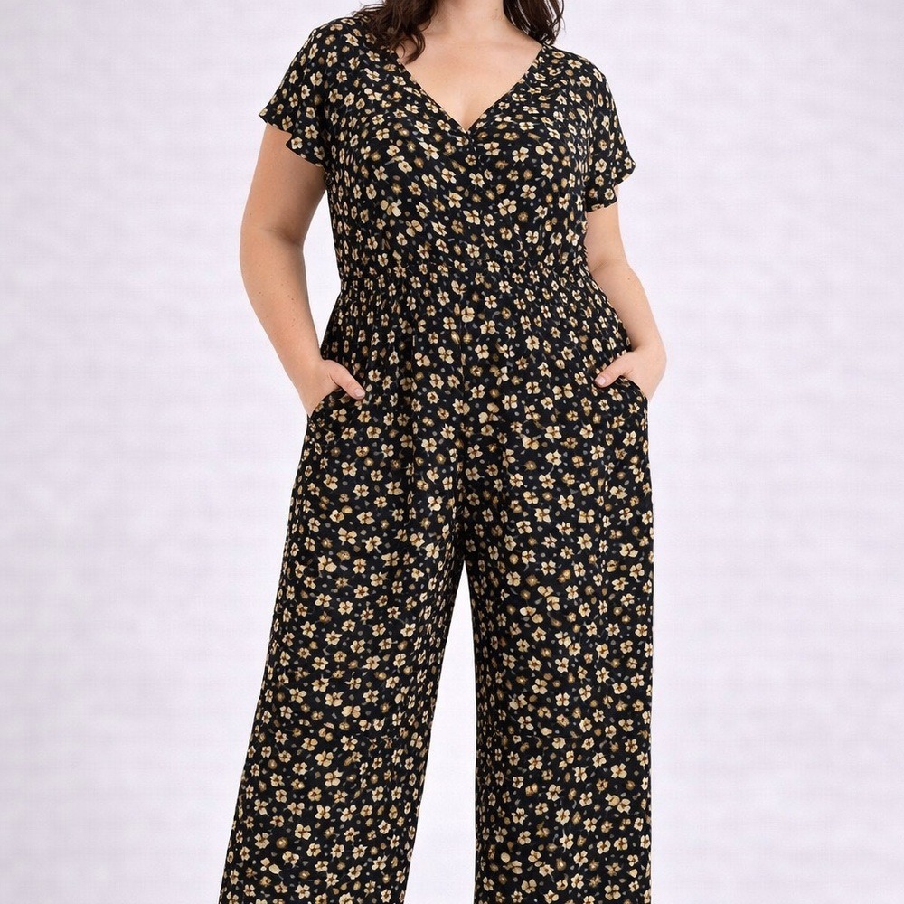 REFORMATION Floral Wide-Leg Jumpsuit in Black and‎ Floral Yellow